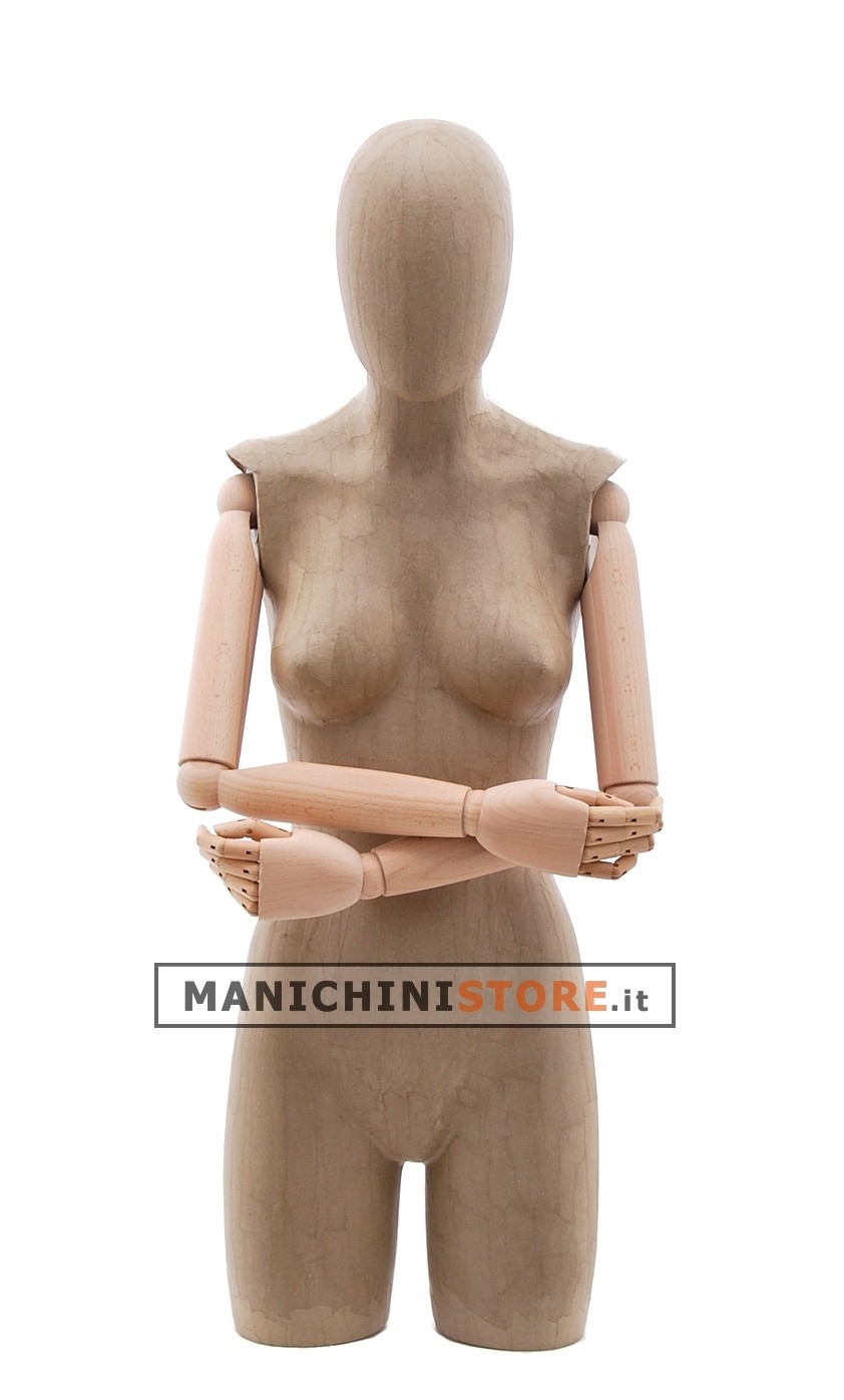 Busto donna braccia legno rivestito in cartapesta cartone
