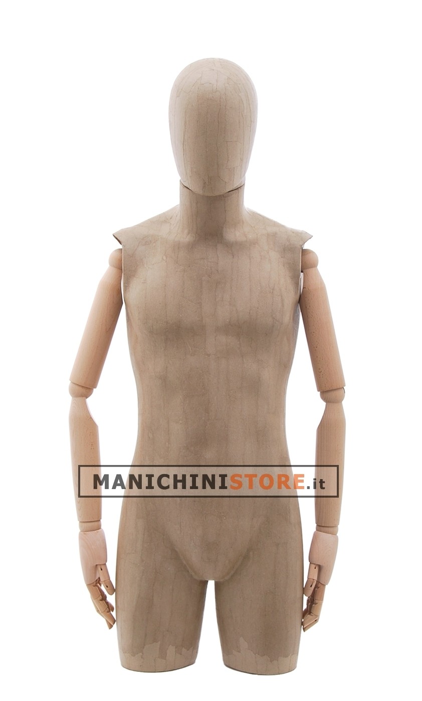 Busto uomo braccia legno rivestito in cartapesta cartone