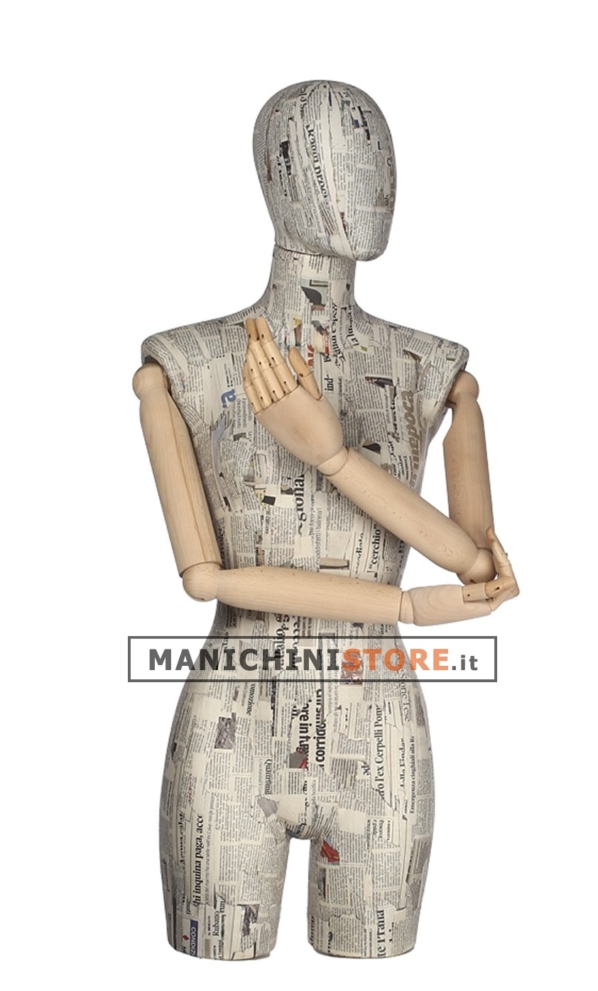 Busto donna braccia legno rivestito in cartapesta giornale