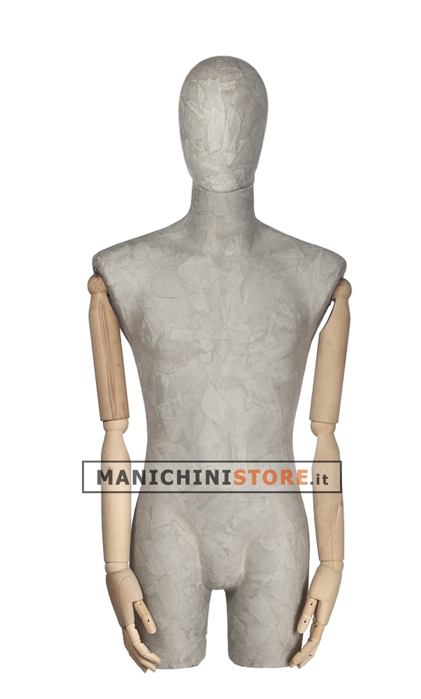 Busto uomo braccia legno rivestito in cartapesta cemento