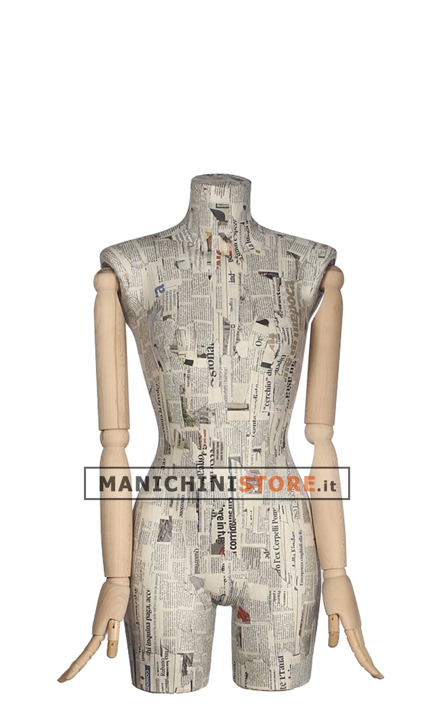 Busto donna braccia legno rivestito in cartapesta giornale