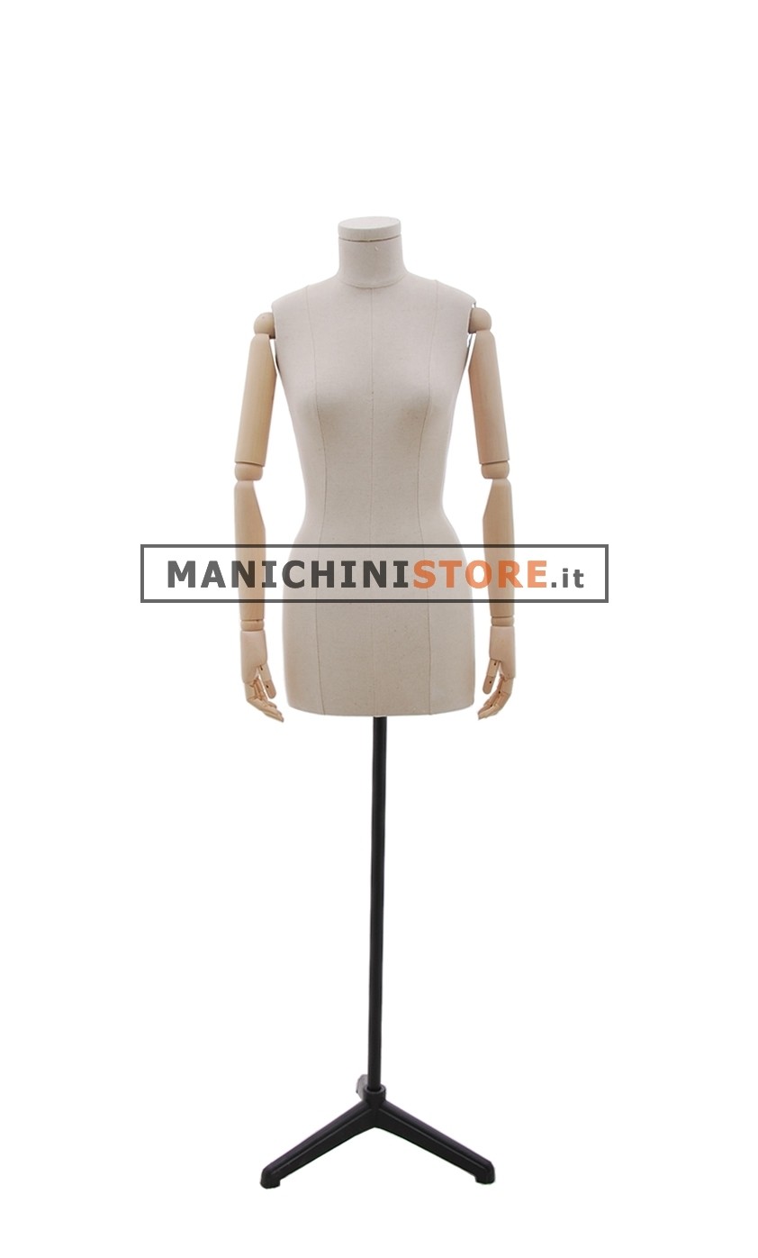 Busto donna senza testa in tessuto con braccia in legno