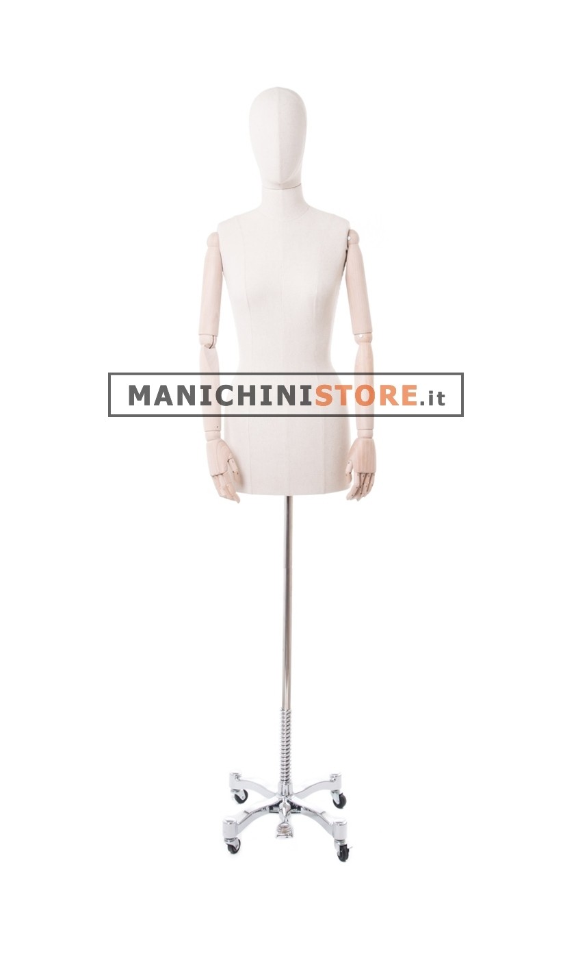 Busto donna in tessuto con braccia in legno e base cromata