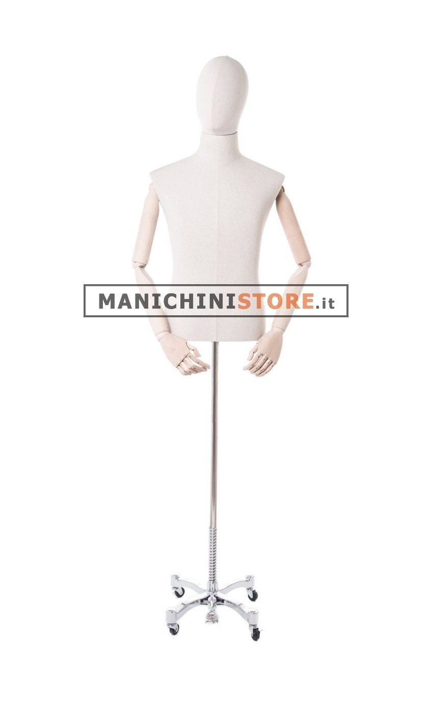 Busto uomo in tessuto con braccia in legno e base cromata