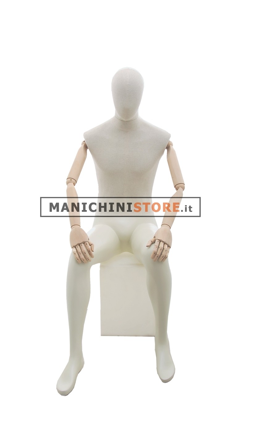 Manichino uomo in tessuto Sabbia con braccia in legno - Seduto